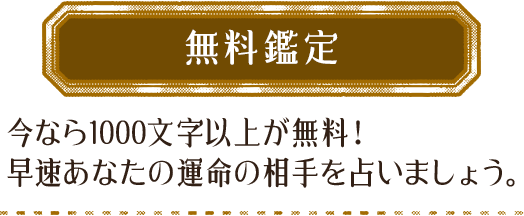 【無料鑑定】今なら1000文字以上が無料！早速あなたの運命の相手を占いましょう。